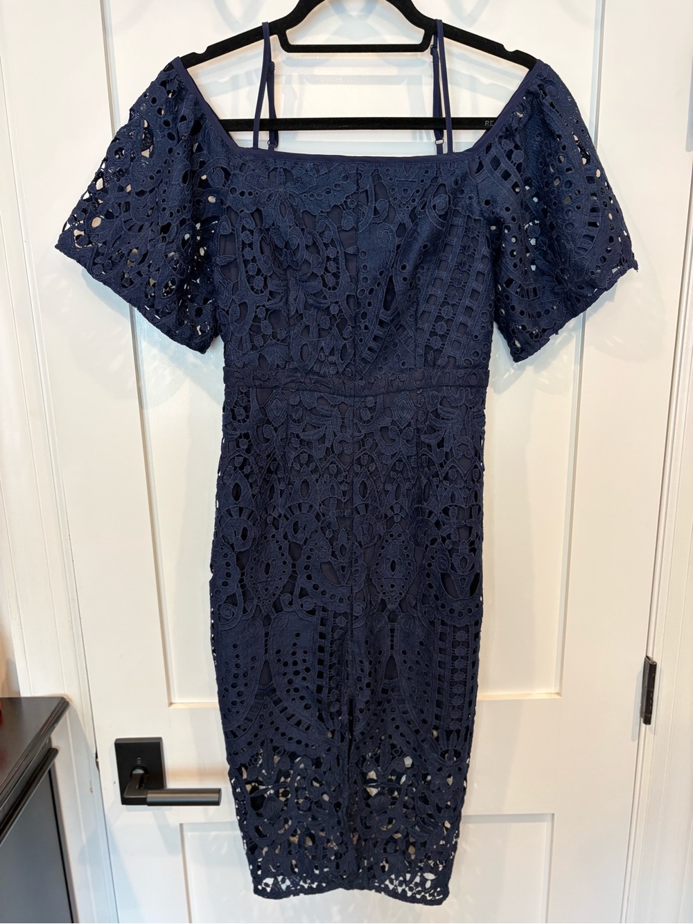 Chelsea28 Navy Off-Shoulder Crochet Midi Dress